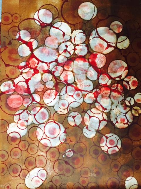Abstract red and brown ink on paper, circular bubble shapes by Alyssa Warren