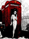 Mixed media painting by Holly Manneck of a woman poses in a red telephone box wearing sunglasses and a Superman belt buckle while holding the phone as a person with a Superman briefcase walks out of view