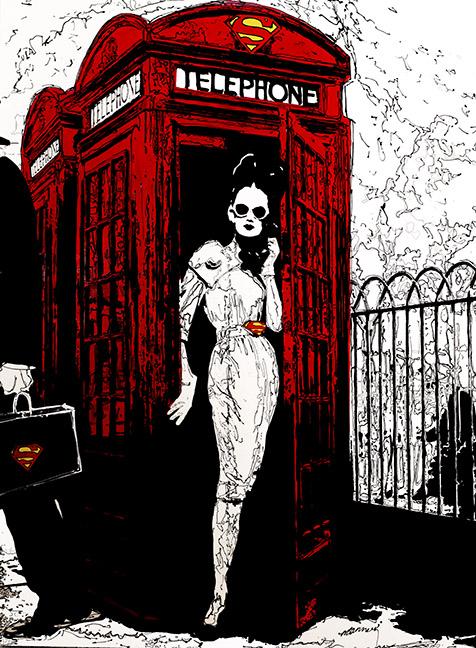 Mixed media painting by Holly Manneck of a woman poses in a red telephone box wearing sunglasses and a Superman belt buckle while holding the phone as a person with a Superman briefcase walks out of view