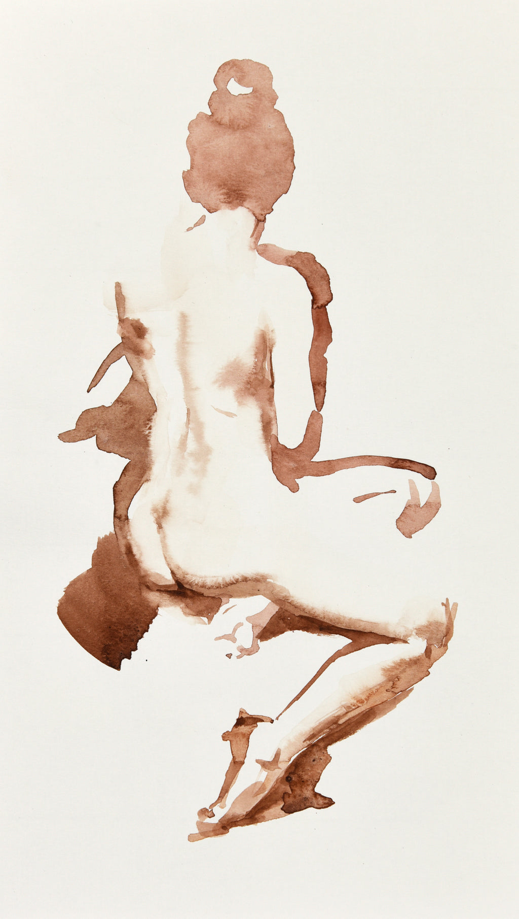 Watercolor painting by Wendy Artin of a nude woman with hair up in a bun facing away