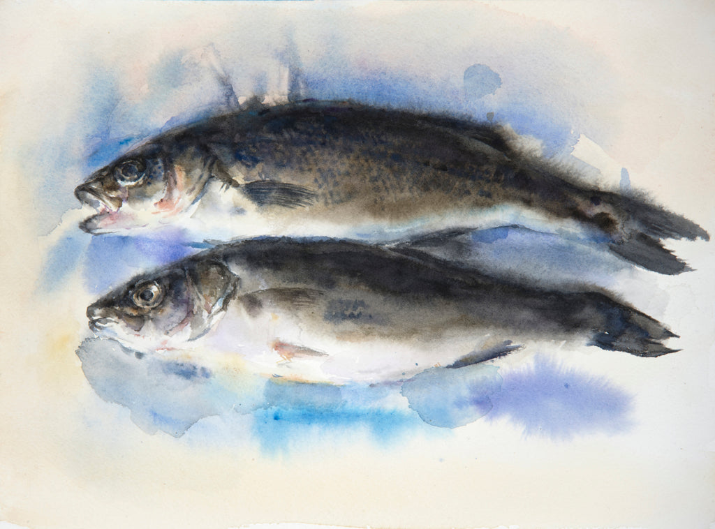 Watercolor painting by Wendy Artin of blue fish laying horizontal