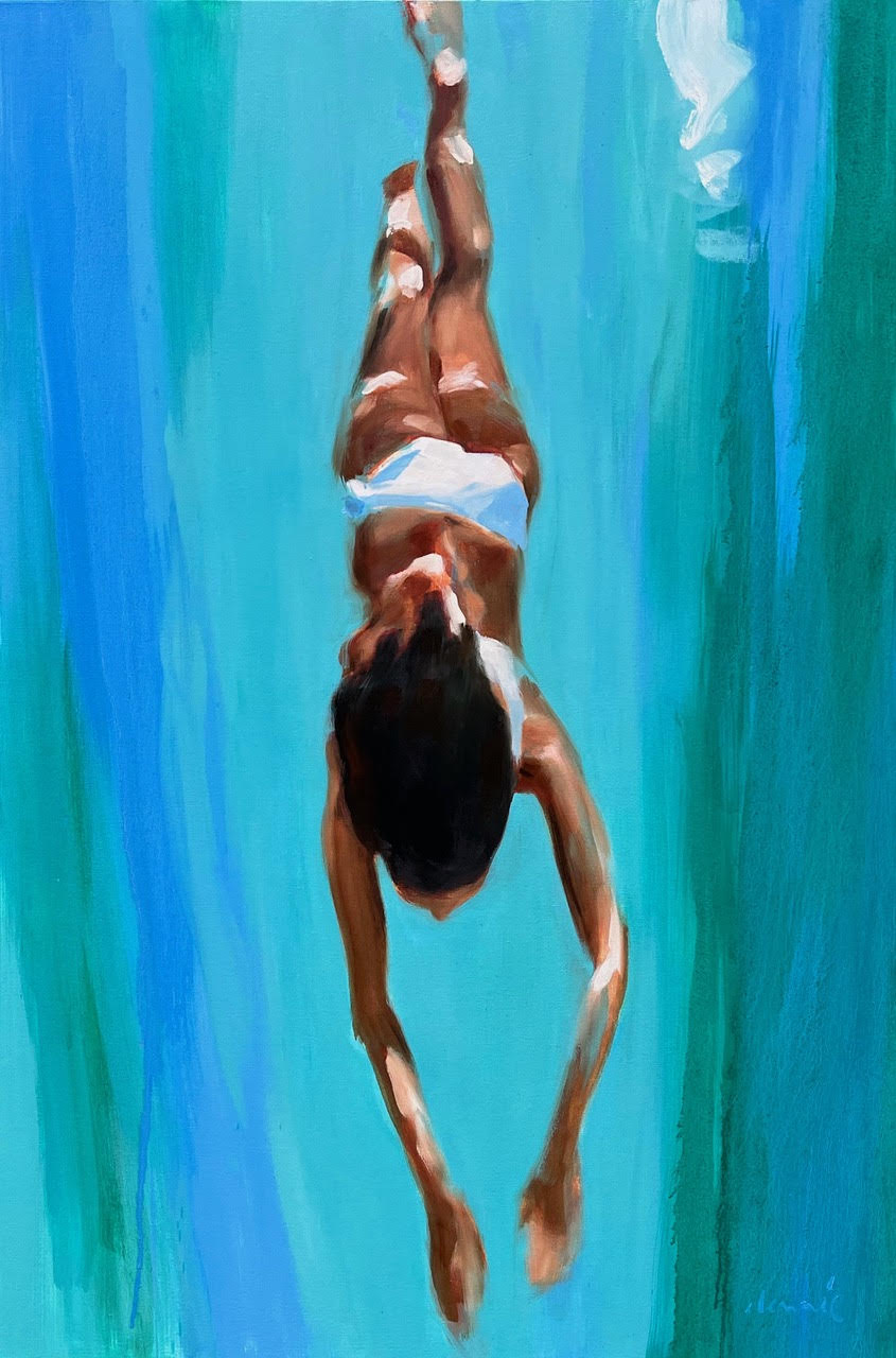 vertical oil painting or a woman swimming down turquoise water