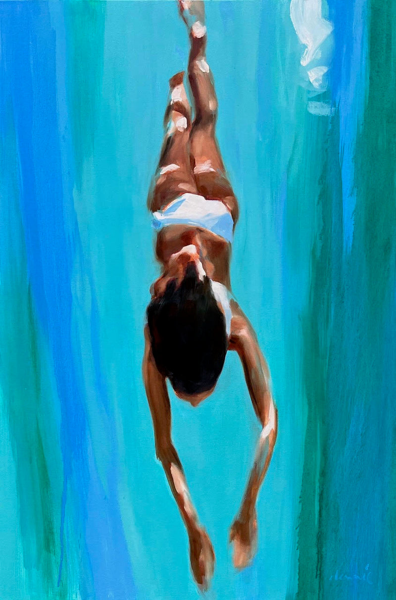 vertical oil painting or a woman swimming down turquoise water