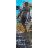 Abstract silhouette oil painting of a swimmer standing on a surf board with another female silhouette below and blue background 