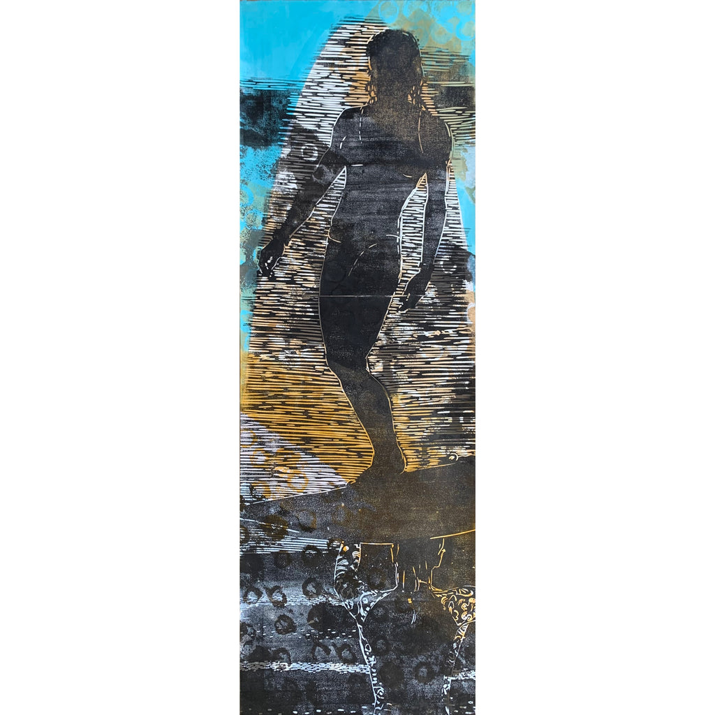 Abstract silhouette oil painting of a swimmer standing on a surf board with another female silhouette below and blue background 