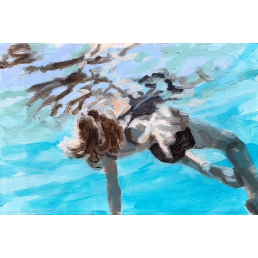 Underwater oil painting of a swimmer in a black suit floating on her back