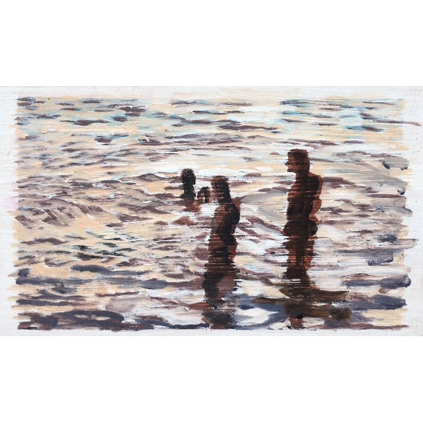 Oil painting of four figures swimming at dusk