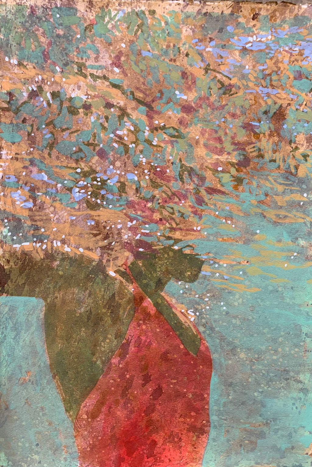 abstract contemporary oil painting of a woman in light red suit under turquoise water