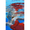 Underwater oil painting by Carol Bennett of a woman swimming on her side in a red bikini and sun peaking through water ripples