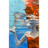 Underwater oil painting of a woman with head above the water holding hand up to the surface wearing a red swimsuit