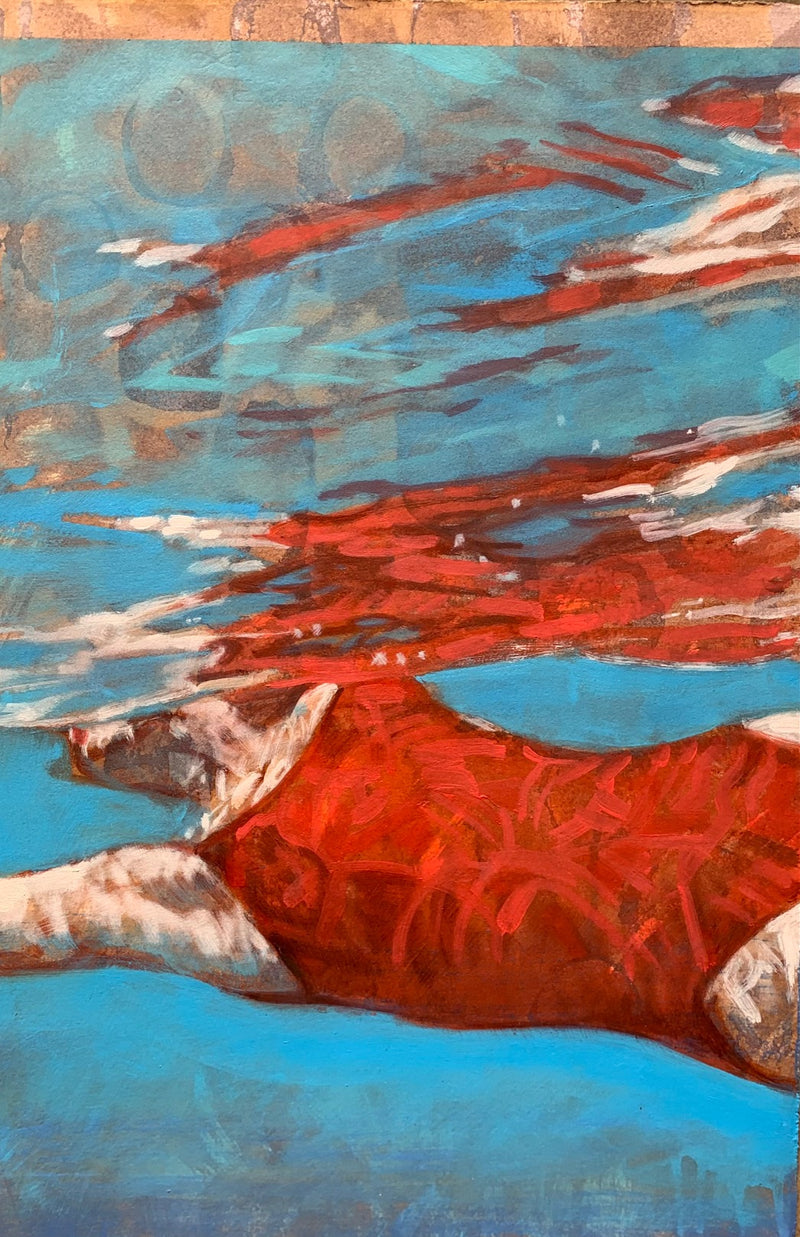 abstract contemporary oil painting of a woman in red suit swimming in turquoise water