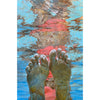 Oil painting by Carol Bennett of swimmer wearing pink bathing suit's feet with water reflection detail