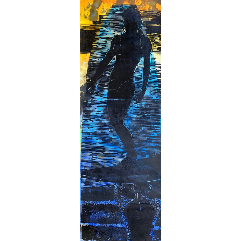 Abstract silhouette oil painting of a swimmer held up on a surf board by another silhouette surfer in blue with yellow in back