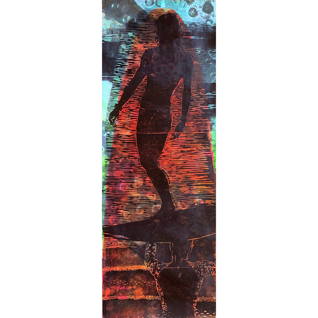 abstract oil painting by Carol Bennett of a swimmer silhouette standing on a surf board with red background and another swimmer silhouette below