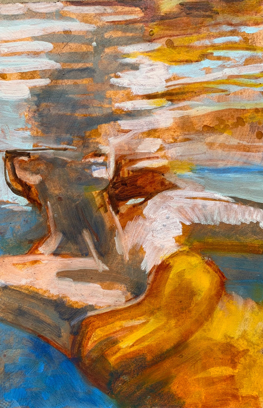 abstract contemporary oil painting of a woman in ochre suit swimming in turquoise water