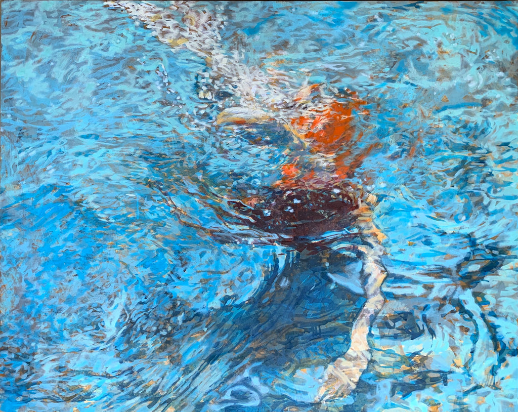 Aerial painting of a woman wearing a red swimsuit swimming under the water with detailed surface reflections