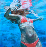 Underwater oil painting of a woman in a pink bikini treading water with water ripple details