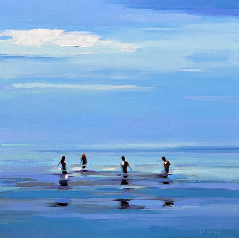 square abstract oil painting of people standing in blue water with blue sky and clouds