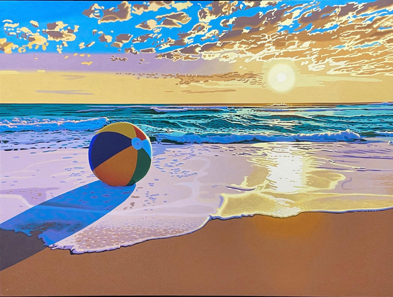 Oil painting by Rob Brooks of a beach ball on the shore with ocean waves and sunset behind