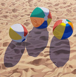 Photorealist oil painting of three beach balls in the sand