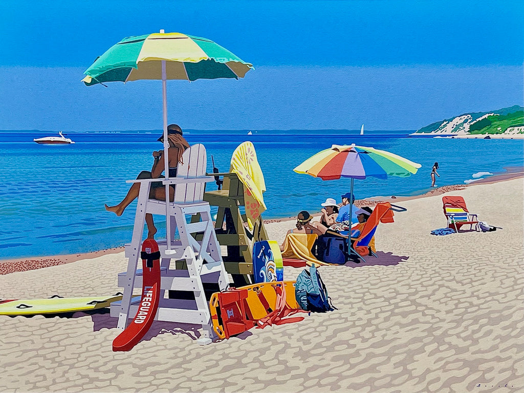 photorealist oil painting of Lambert's Cove beach with lifeguard chair, umbrellas and blue sky