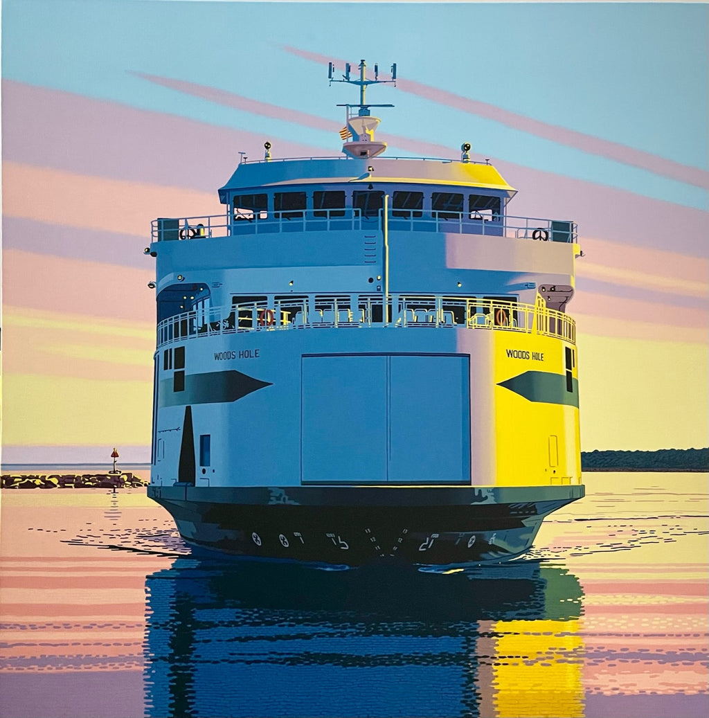 photorealist oil painting of a ferry boat on the water, sunset