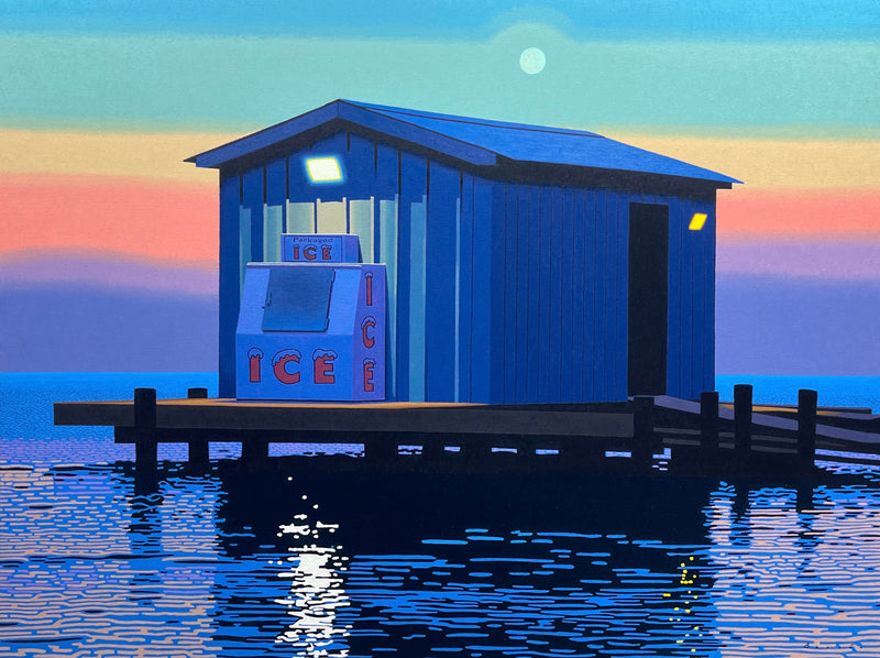 Oil on canvas painting of a dock with a wooden structure and an ice chest in twilight blue with a pink, purple and yellow sky background