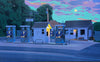 Photorealist oil painting of West Tisbury gas station in moonlight