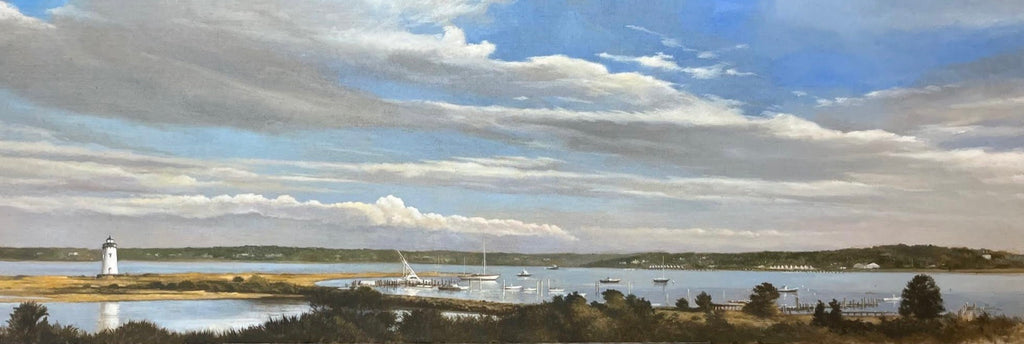 oil painting of Edgartown Harbor with lighthouse, clouds and Chappaquiddick behind