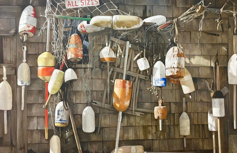 Photorealistic, contemporary oil painting by Michel Brosseau painting of buoys hanging on a shingled wall - neutral pallette