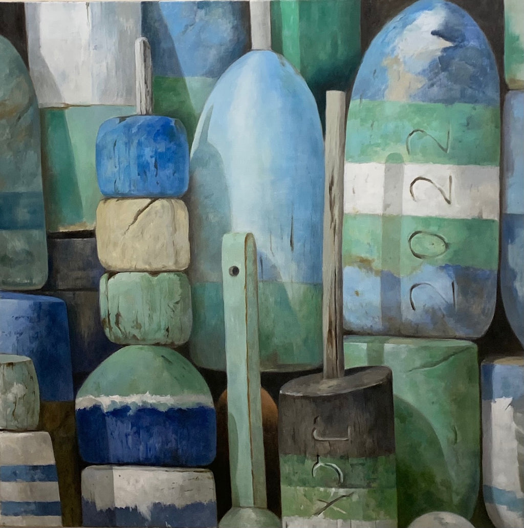 Photo-realistic oil on linen painting of green and blue buoys.