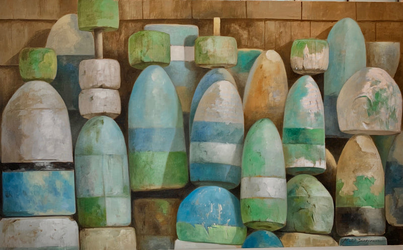 photorealistic oil painting of buoys in blues and greens leaning against a shingles building