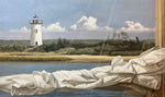 Oil painting of a folded sail with beach and Edgartown Lighthouse behind