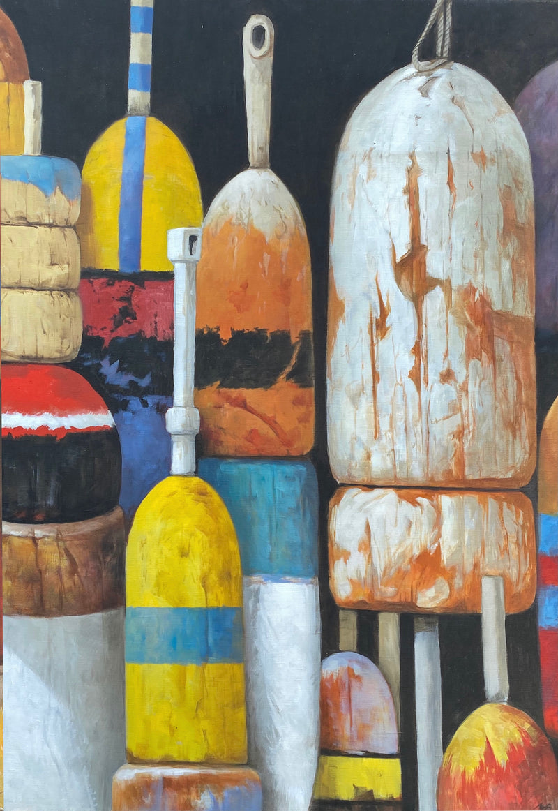 Oil painting of assorted buoys lined up in bright colors by Michel Brosseau