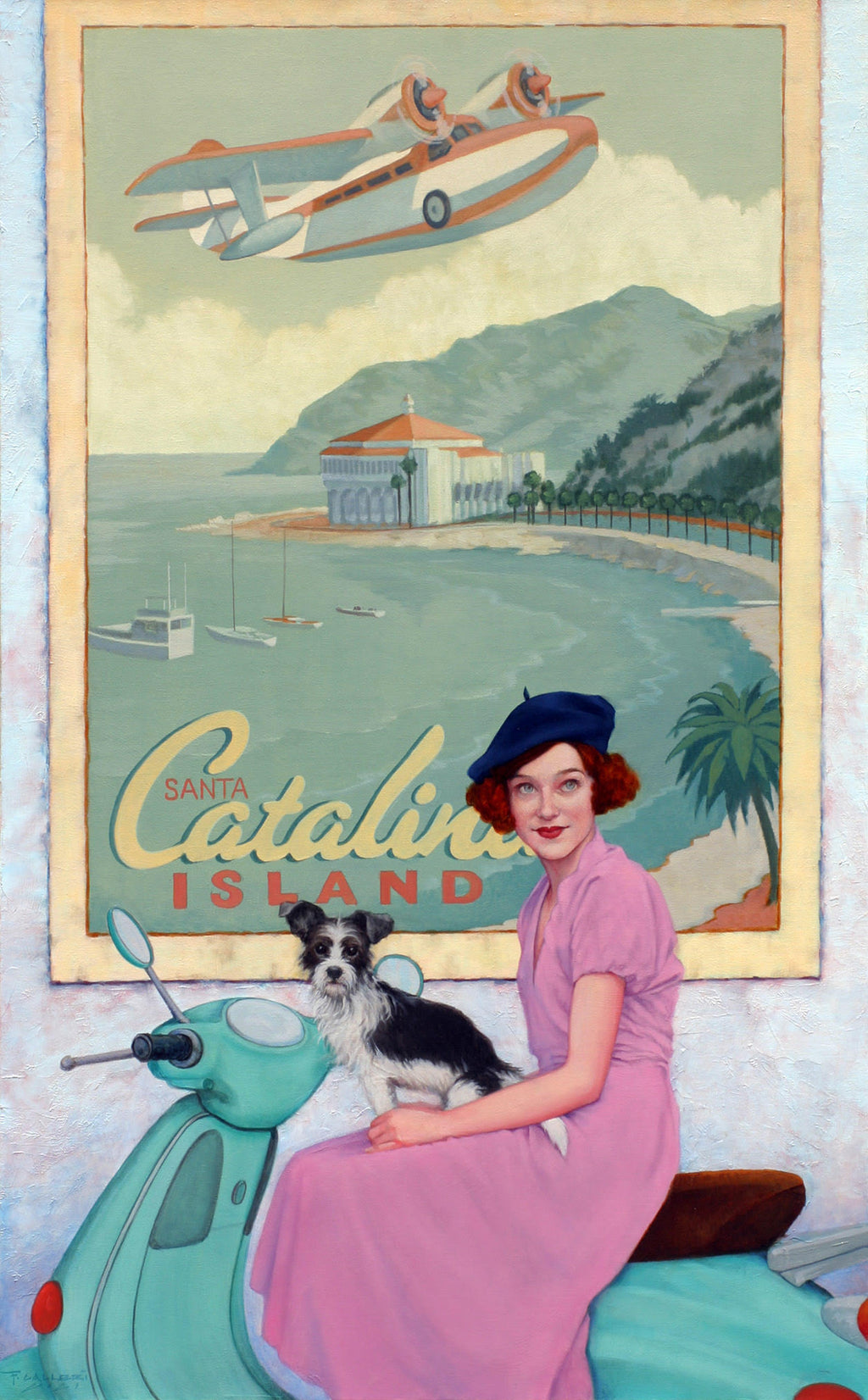 Oil on canvas painting of a woman in a pink dress and blue beret sitting on a light green moped with a black and white dog on her lap. Background is a wall with a poster of "Santa Catalina Island"