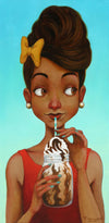 Figurative portrait of young, black girl sipping a chocolate milkshake. She wears a yellow bow in her hair and a red shirt.