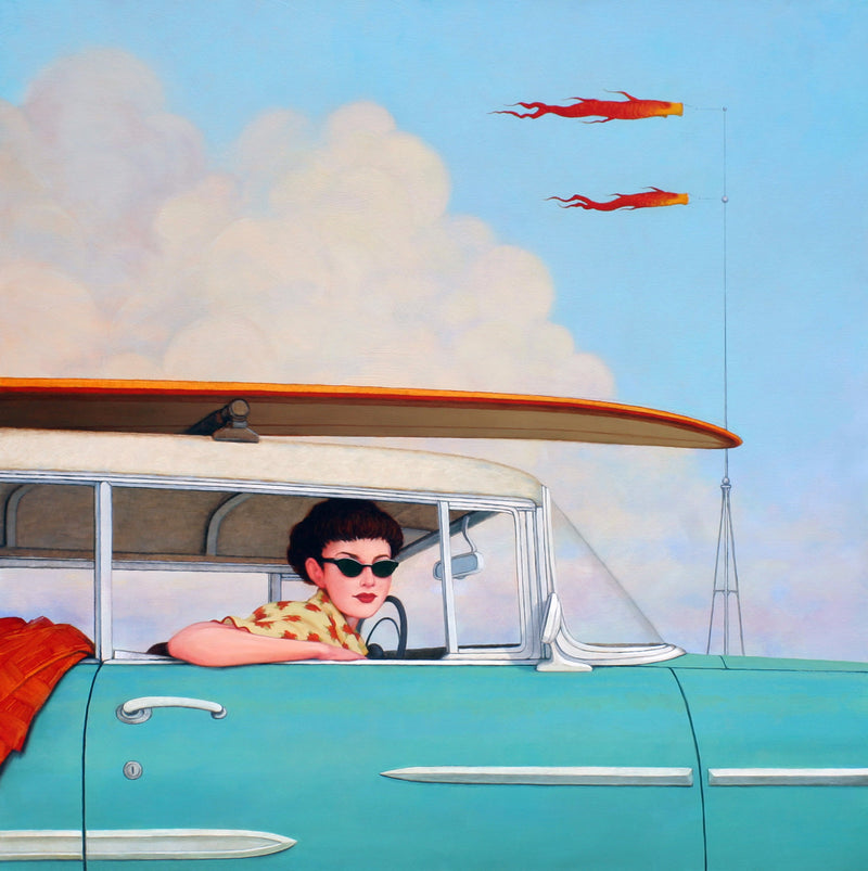 Oil on canvas painting of a woman in a car wearing sunglasses and looking out the window. Background is sky and two kites flying from a pole.