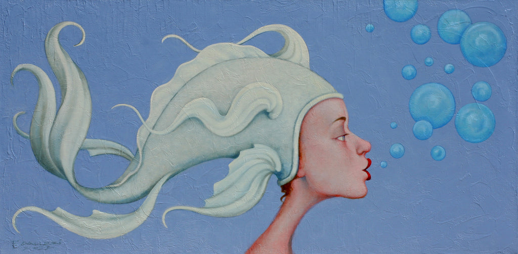 portrait painting of a woman in a fish cap, red lips, and rosy skin blowing blue bubbles on blue background