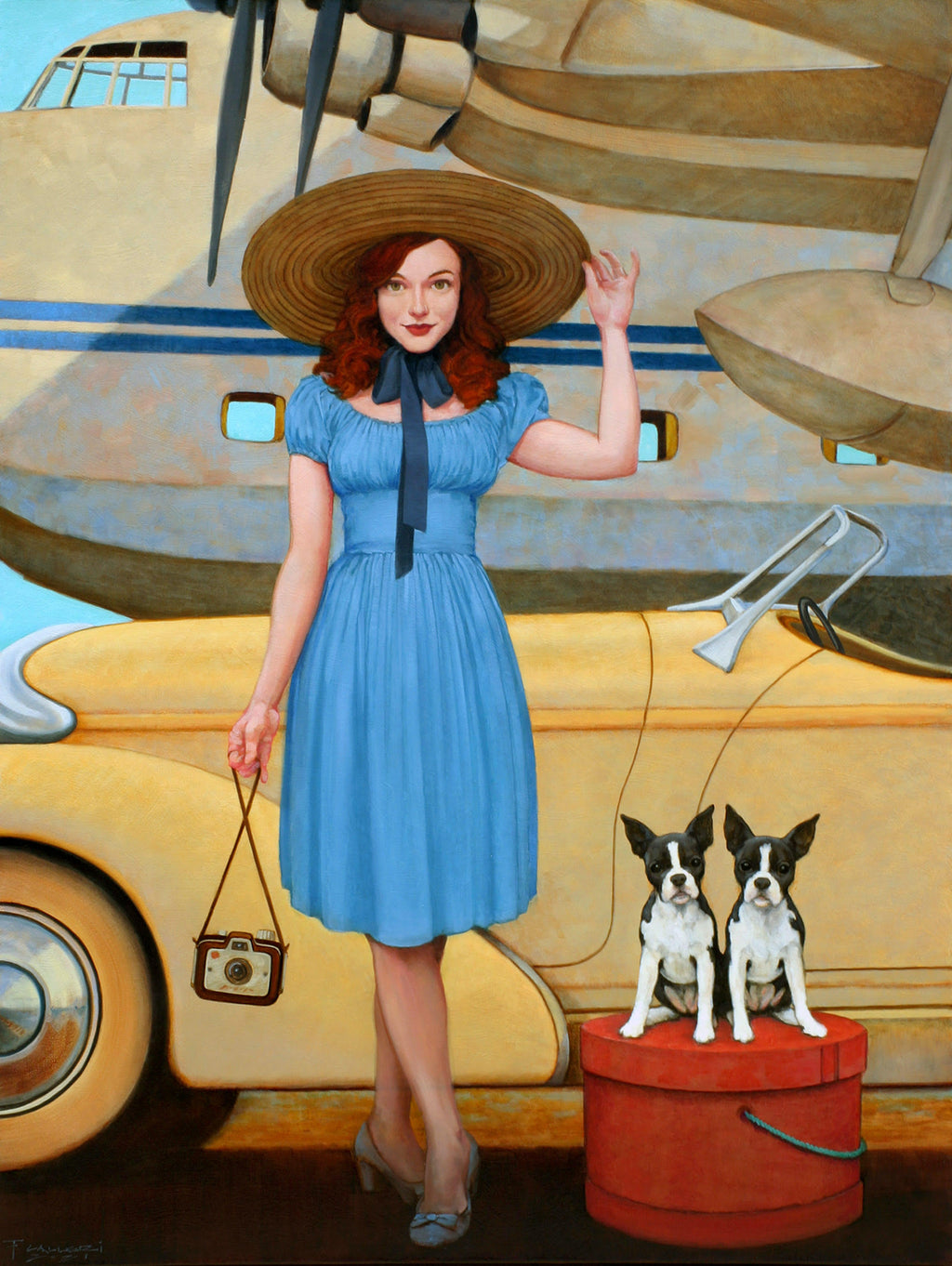Oil on canvas painting of a woman in blue dress with a wide brimmed straw hat standing in front of a car and an airplane with a red hat box on which sit two black and white dogs