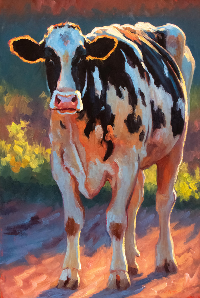 impressionist style oil painting of a black and white cow with backlighting
