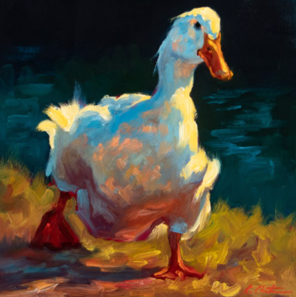 Oil on canvas painting of a white duck walking. Yellows, white and blue / green background