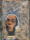 Mixed media painting by Janice Frame of a man with shell headband and wild dreadlocks on brown background