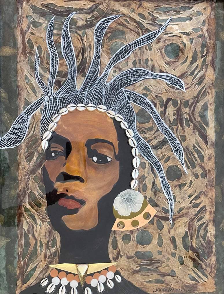 Mixed media painting by Janice Frame of a man with shell headband and wild dreadlocks on brown background