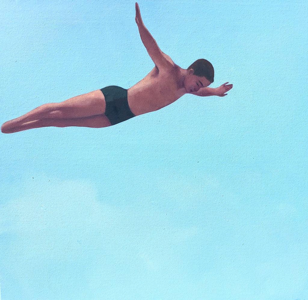 Oil on canvas painting of a man in a bathing suit diving with a blue sky background