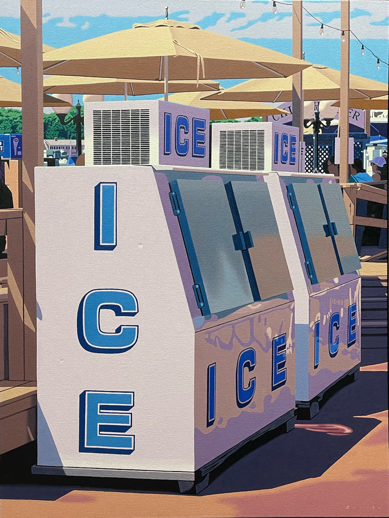 Photorealist oil painting of ice machines at Nancy's Restaurant in Oak Bluffs, Martha's Vineyard