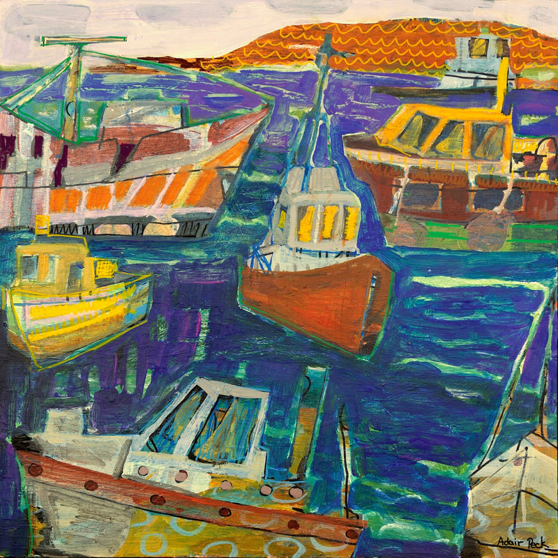 colorful mixed media painting of fishing boats Martha's Vineyard