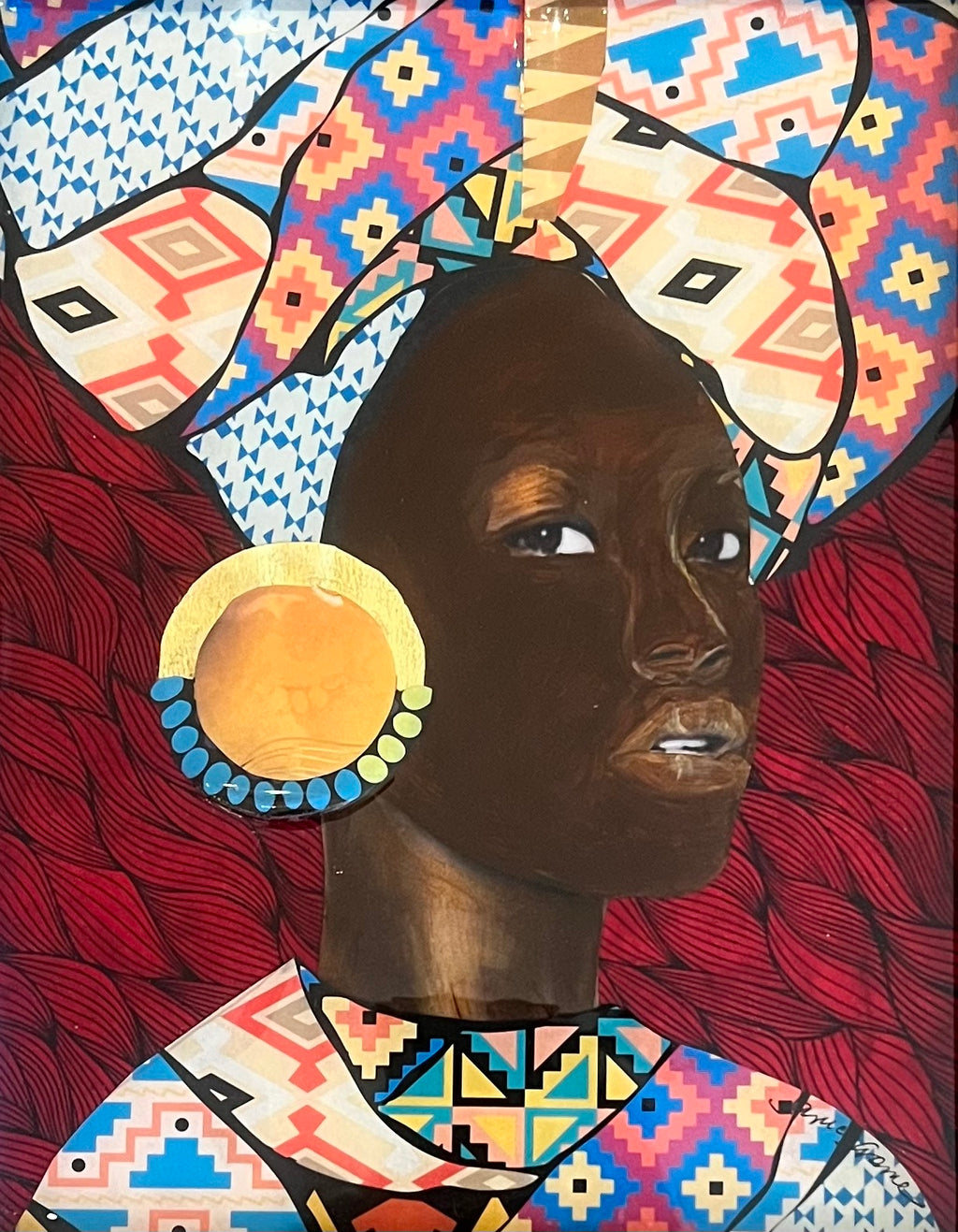 mixed media painting of a woman with African head wrap and gold earrings on a red background