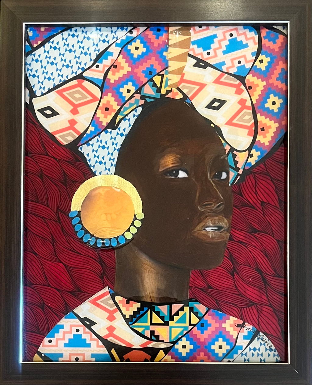 mixed media painting of a woman with African head wrap and gold earrings on a red background