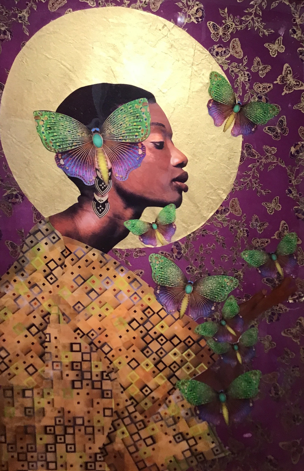 Mixed media painting by Janice Frame of a man and butterflies and patterned background