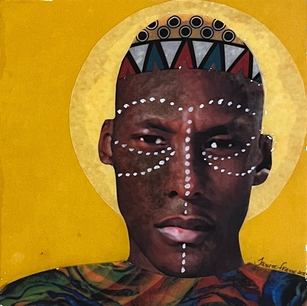 Mixed Media painting by Janice Frame of a man with white tribal face paint, colorful African hat, and yellow background